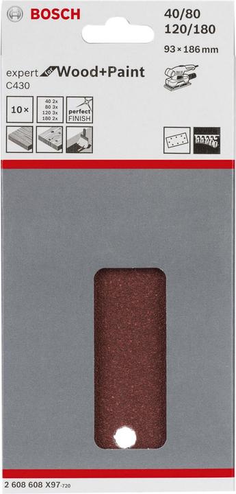 Image du produit Bosch Professional Zubehör Feuille abrasive C430, 93 x 186 mm, 2x40, 3x80, 3x120, 2x180, 8 trous, pack de 10 (40, 80, 120, 180)