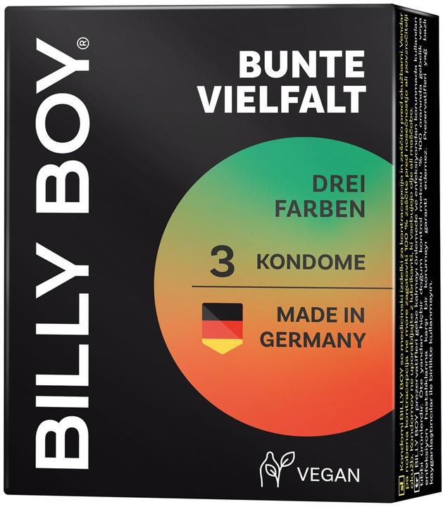 Actual product image Billyboy Billy Boy Bunte Vielfalt, 3 Kondome in Rot, Schwarz und Grün, 52 mm, hergestellt in Deutschland. (3 pcs.)