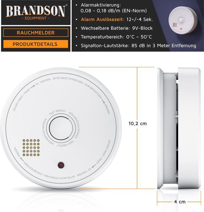 Produktbild Brandson Rauchmelder, wechselbare 9V Blockbatterie, Smoke Detector, LED, TÜV geprüft & EN14604 Zertifiziert
