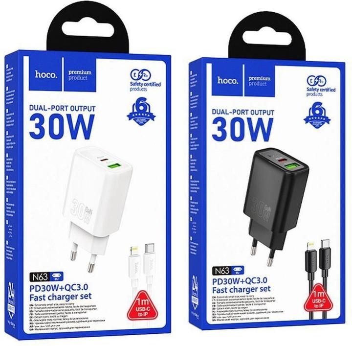 Immagine prodotto Hoco Adapter wall charger USB A + Type C + cable Type C to Lightning PD QC3.0 3A 30W N63 white (30 W, 2 porte)