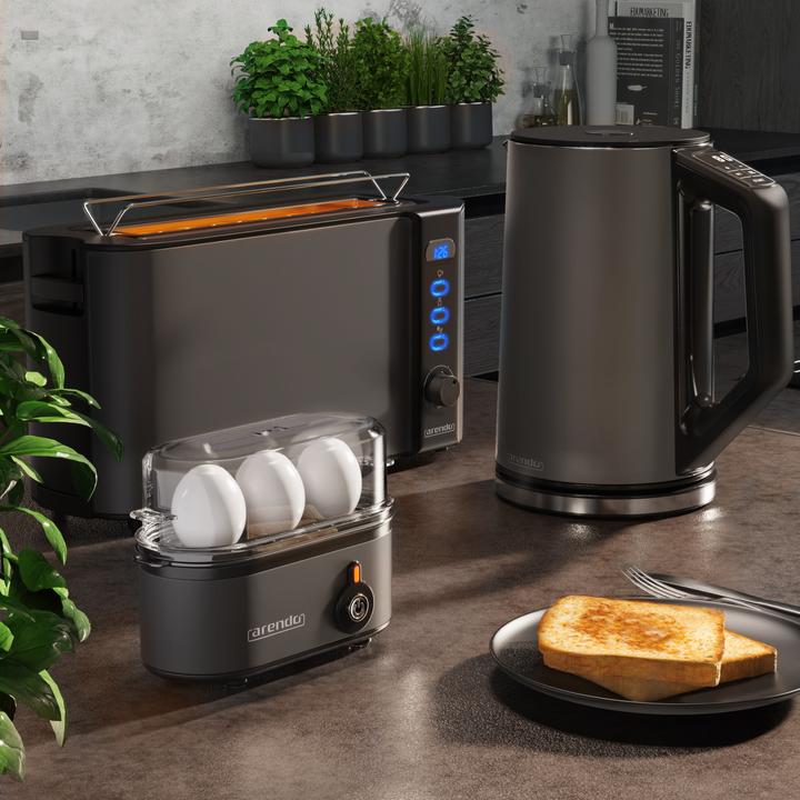 Produktbild Arendo Frühstücks Set, Wasserkocher 1,5l Temperaturwahl, 2-Scheiben Toaster & Eierkocher für 3 Eier, Grau