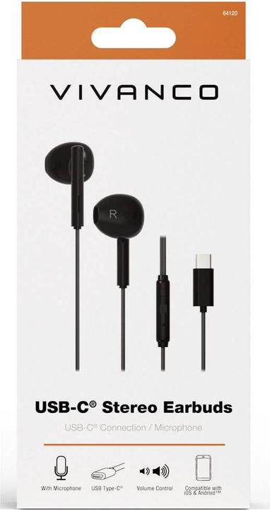 Image du produit Vivanco Casque stéréo USB-C Capsule In-Ear, noir, filaire, télécommande incluse (Filaire)