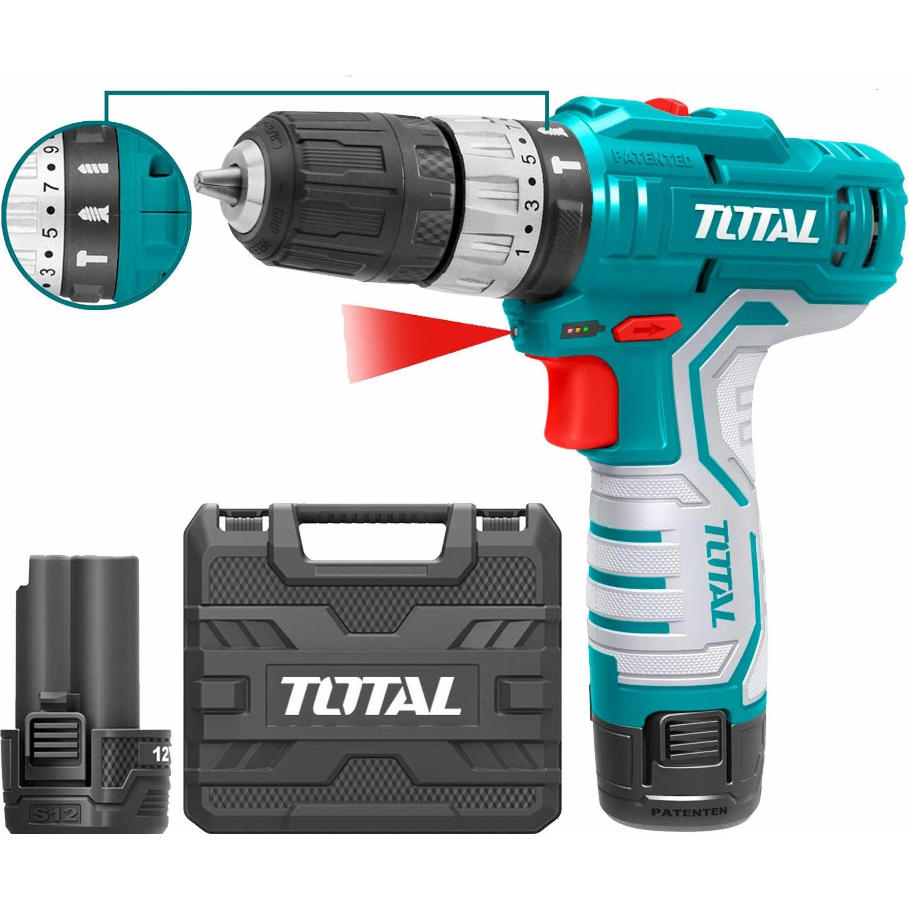 Total, Bohrmaschine + Akkuschrauber, Akku-Bohrschrauber mit Hammer, 2x1500mAh, 12V Li-Ion (Akkubetrieb)
