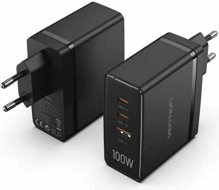 Actual product image Vention 3-Port USB (C+C+A) GaN Charger (100W/100W/30W) EU-Plug Black (100 W)