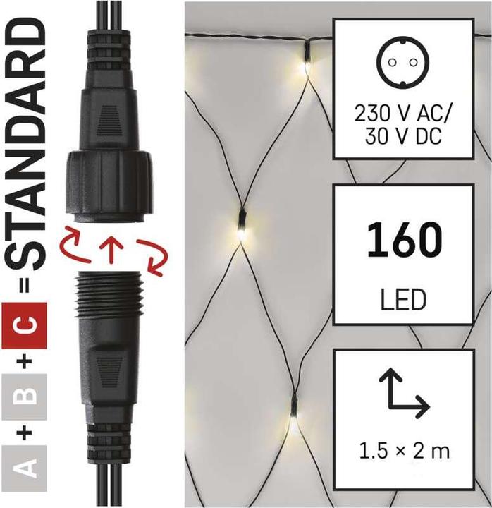 Image du produit Emos Guirlande/réseau LED, 30 VDC, 2 x 1.5 m, 160 x LED, blanc chaud, connectable, sans source (2 m)
