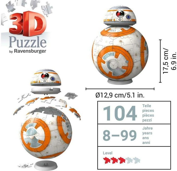 Produktbild Ravensburger 3D Puzzle 11578 - Star Wars BB8 - Astromech-Druide aus Episode VII, VIII und IX als (99 Teile)