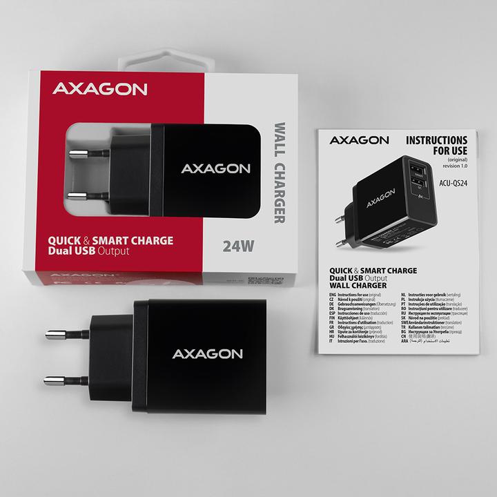 Produktbild Axagon ACU-QS24 Ladegeraet 2x USB-A QC3.0/Smart 5V 1.2A 24W (24 W)