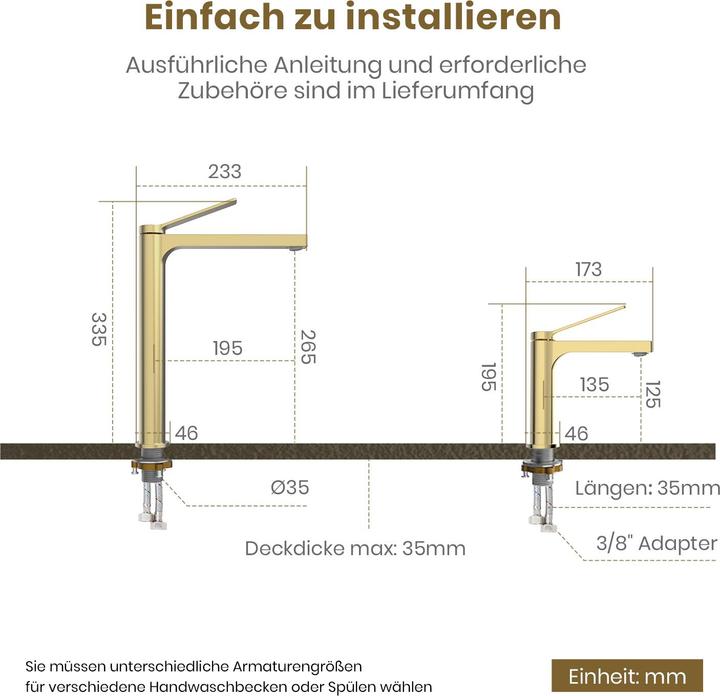 Produktbild Emke Wasserhahn Bad, Champagnergold, Mischbatterie Waschbecken, Messing, Keramikkartusche, einfache Insta