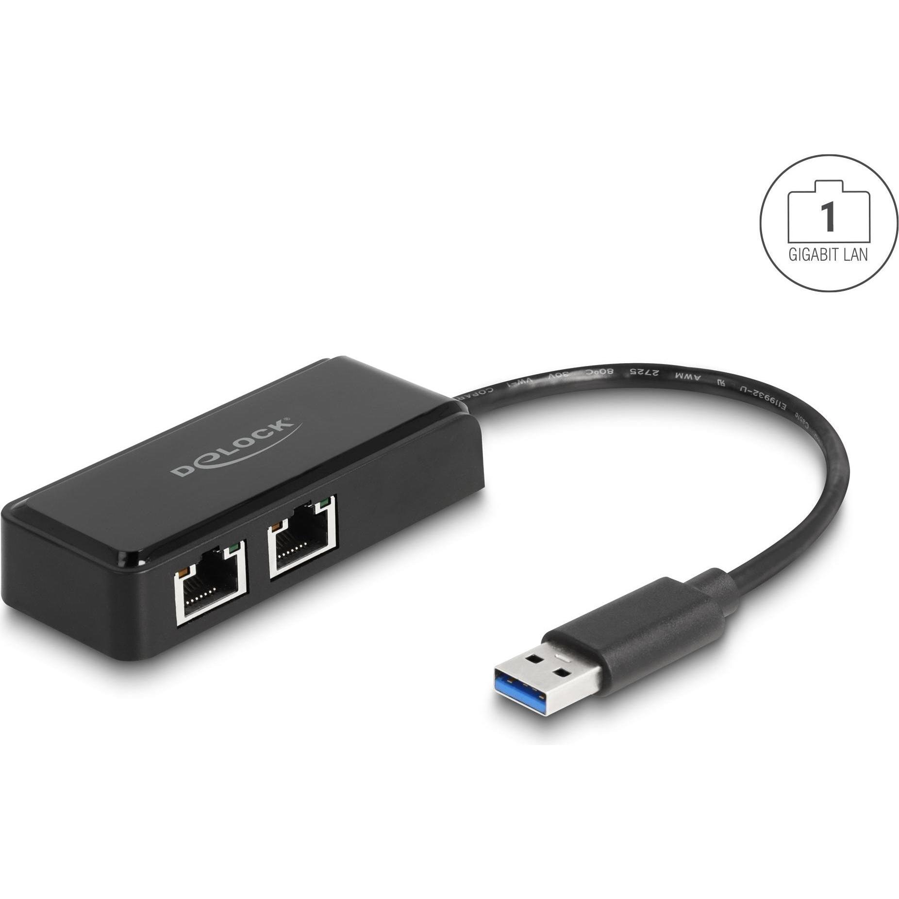 Thumbnail - Delock USB Typ-A Adapter zu 2 x Gigabit LAN (USB, RJ45 (2x)), Netzwerkadapter, Schwarz