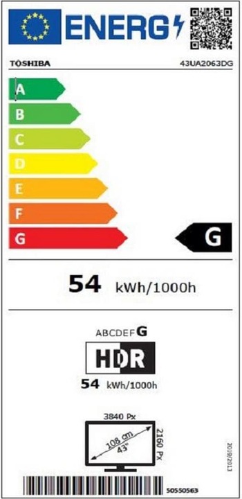 Energy Label Toshiba 43UA2063DG 4K Android (43", UA206, LED, 4K, 2020)