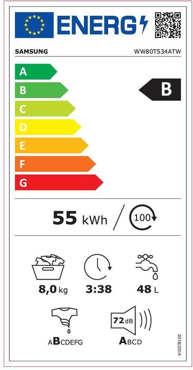 Energie-Label Samsung Autodose 6000 Series WW80T534ATW/S2 Waschmaschine Freistehend Frontlader B (8 kg, Links)