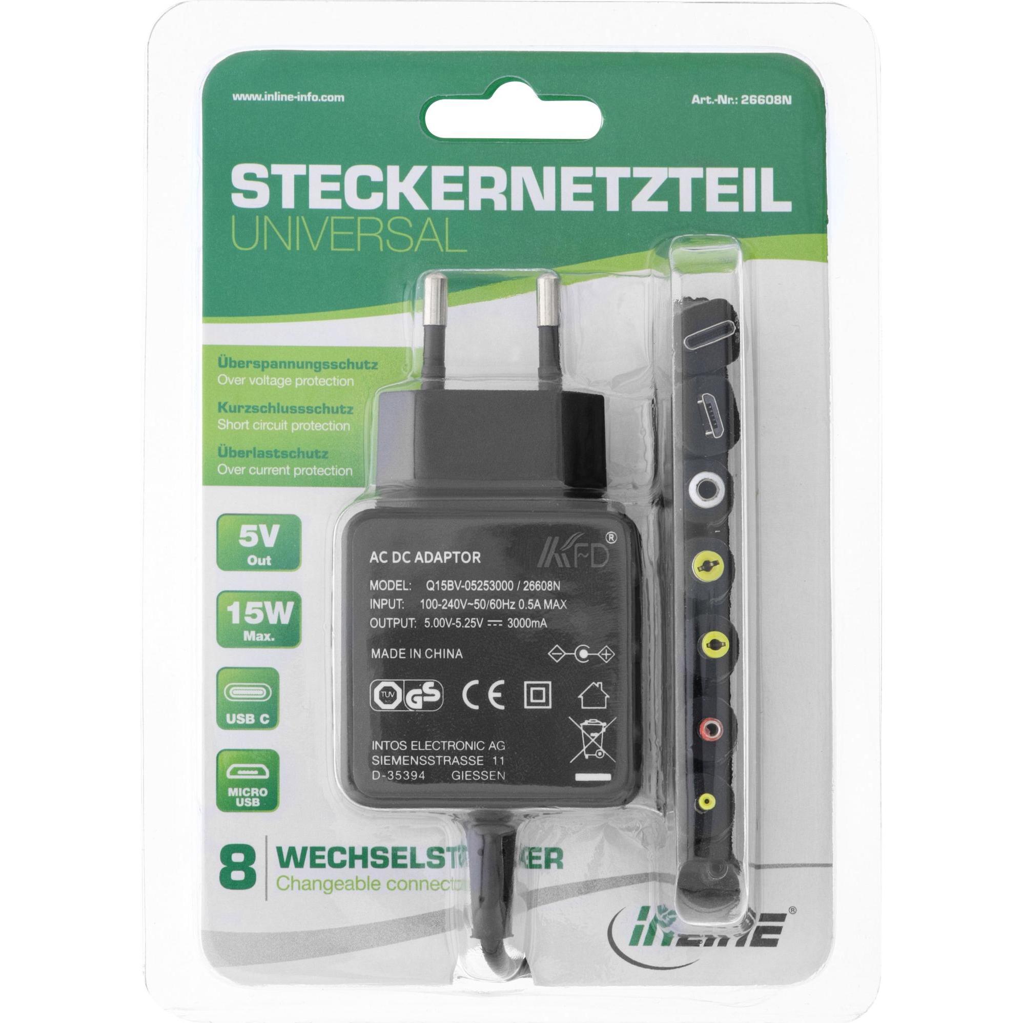 Thumbnail - InLine Universal Steckernetzteil (15 W), Notebook Netzteil, Schwarz