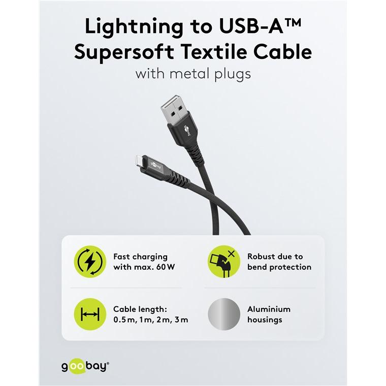 Thumbnail - Goobay Lightning USB-A Supersoftes Textilkabel mit Metallsteckern, 0,5 m, schwarz (0.50 m, USB 2.0), USB Kabel