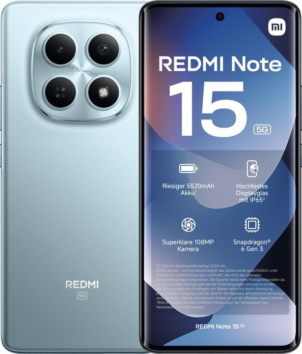 Produktbild Xiaomi REDMI Note 15 5G (256 GB, Blue, Glacier Blue, Hellblau, 6.77", Dual SIM, 5G)