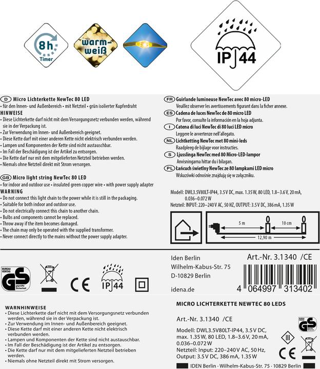 Productafbeelding Idena Lichtketting NewTec 80 Micro LED ww 8h Timer (12.90 m)