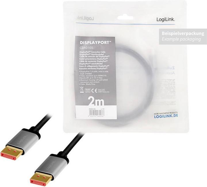 Productafbeelding LogiLink CDA0104 DisplayPort-kabel DP/M naar DP/M, 8K/60 Hz, alu, zwart/grijs, 1 m (1 m, DisplayPort, 1.4)