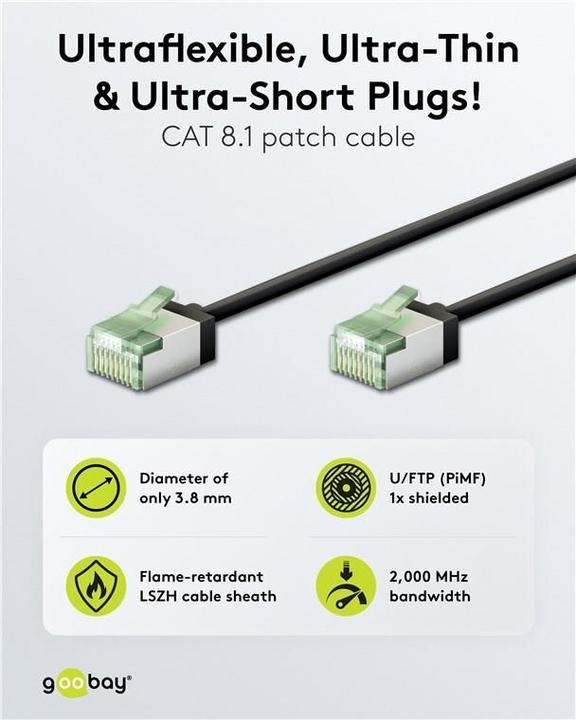 Actual product image Goobay Ultra-flexible CAT 8.1 patch cable, slim, U/FTP, black (U/FTP, CAT8.1, 3 m)