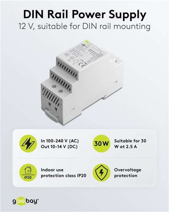 Image du produit Goobay Hutschienen-Netzteil DIN-Rail 12 V DC, 2,5 A, 30 W