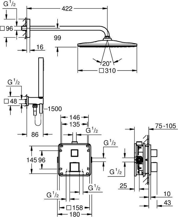 Produktbild Grohe Precision Cube Unterputz Duschsystem mit Vitalio Rain Mono 310 Cube (1 Strahlart) und Vitalio Joy Cu