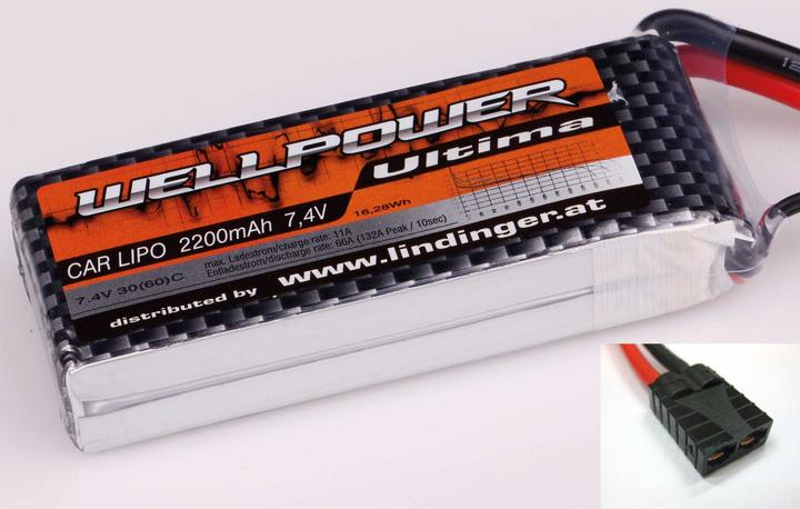Actual product image Wellpower Lipo battery ULTIMA CAR 2200 mAh / 7.4 Volt 2S 30/60C Softcase TRX connector (7.40 V, 2200 mAh)