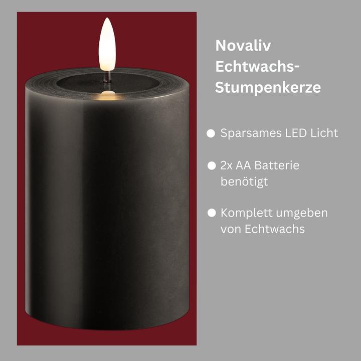 Produktbild Novaliv Kleine LED Stumpenkerze mit Timer grau 7,5cm ø, 10cm H, Echtwachspiegel ON/OFF-Timer 6H, 2 AA (1x)