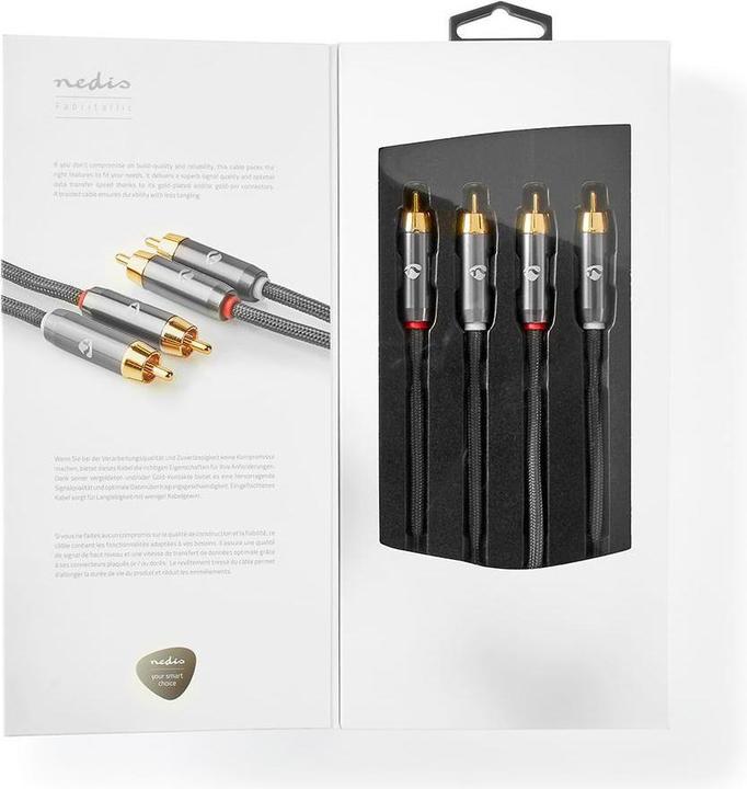 Actual product image Nedis Stereo Audio Cable 2X RCA Plug 2X RCA Plug Gold Plated 5.00 m Round Grey / Gun Metal Grey Ve (5 m, Cinch)