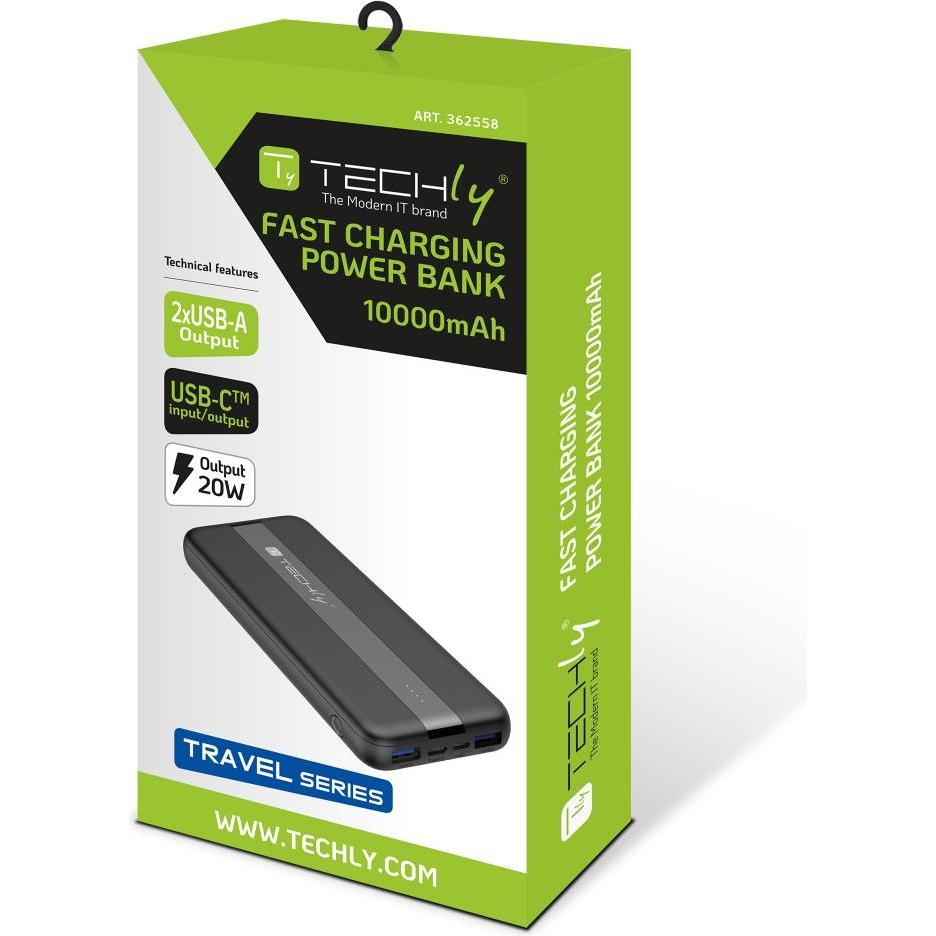 Thumbnail - Techly I-CHARGE-1000020W, 10000 mAh, Lithium Polymer (LiPo), 20 W, Black (10000 mAh, 20 W, 36 Wh), Powerbank, Schwarz