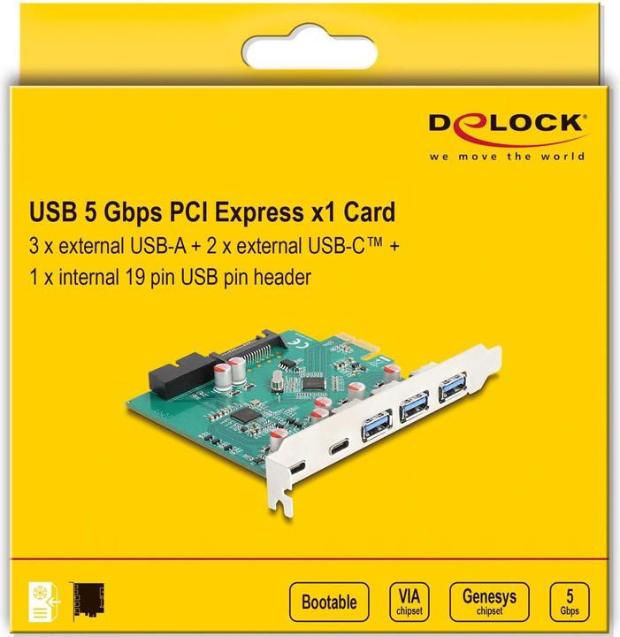 Produktbild Delock USB 5 Gbps PCIe x1 Karte zu 3x extern Typ-A + 2x extern USB Type-C Buchse und 1x intern 19 Pi