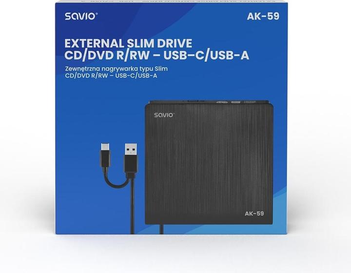 Produktbild Savio AK-59 Externer schlanker CD/DVD-Recorder R/RW - USB-C/USB-A, juodas (DVD Brenner)