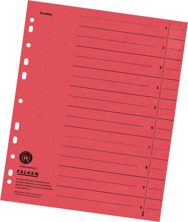 Falken Dividers,RC kraft cardboard,DIN A4,230 gsm,with organiser imprint,red,100pcs.