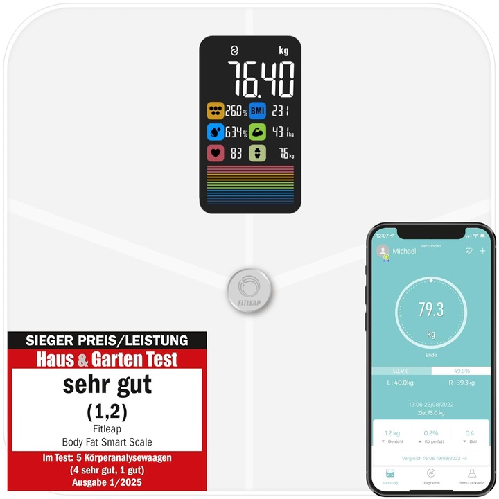 Image du produit Fitleap Waage mit Körperfett- & Muskelanalyse, Digitale Personenwaage (180 kg)