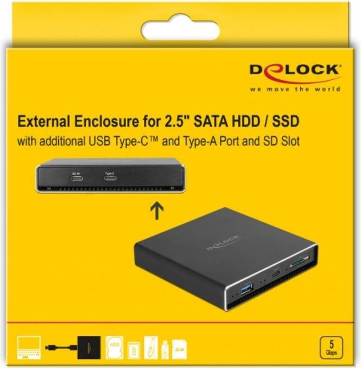 Produktbild Delock External Enclosure for 2.5" SATA HDD / SSD with additional USB Type-C and Type-A Port and SD Slot (2.5")