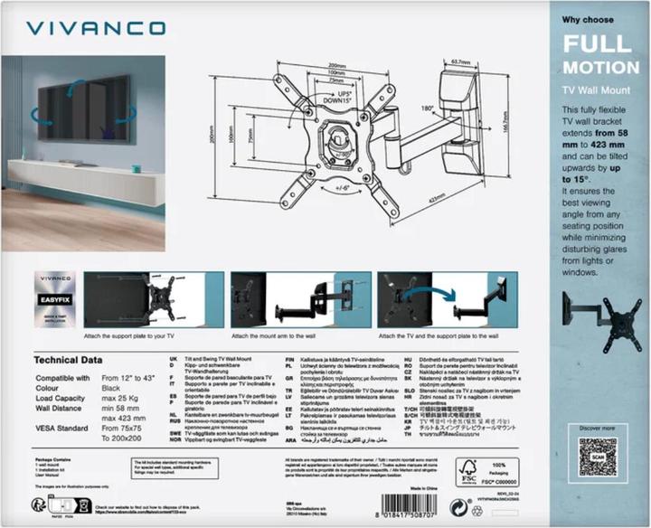 Produktbild Vivanco TV Wandhalter, Full Motion, VESA 200, 25kg (Wand, 25 kg)