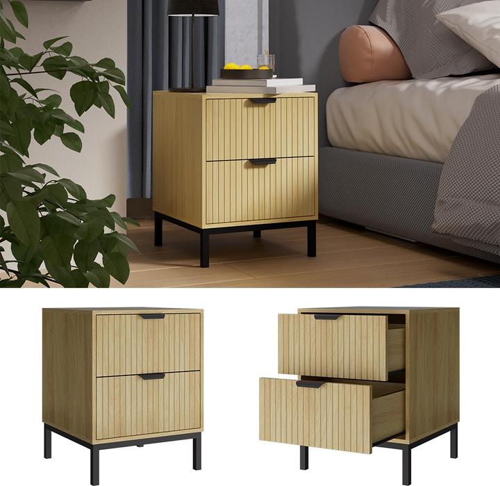 Actual product image Vicco Lennox bedside cabinet, oak/black, 40 x 52 cm with 2 drawers (40 x 52 x 40 cm)