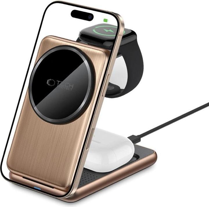 Actual product image Tech-Protect Dock station QI15W-A42 3IN1 MAGNETIC MAGSAFE WIRELESS CHARGER Desert Gold (15 W)