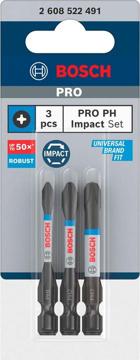 Produktbild Bosch Professional Zubehör PRO Phillips Impact Bit, PH1x55, PH2x55, PH3x55 mm, 3-tlg. (Schraubschlitz, Sechskant (hexagonal))