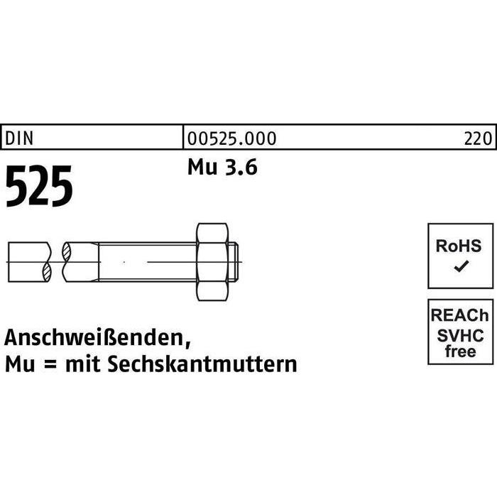 Muttern + Unterlegscheiben, Anschweissende DIN 525 m.Sechskantmutter M 20 x 210/ 75 Mu 3.6
