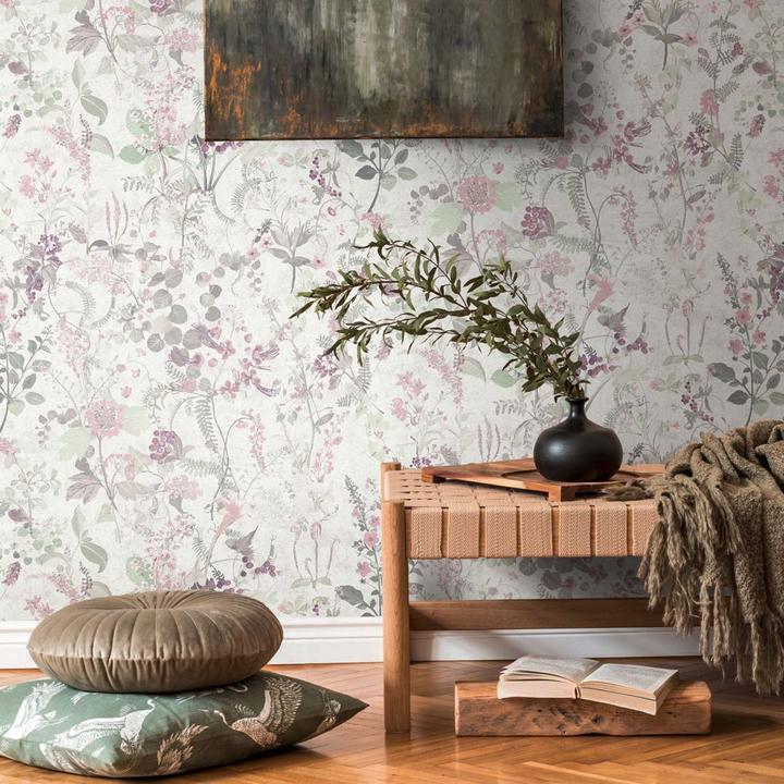 Actual product image A.S. Création Wallpaper kitchen country house non-woven floral wallpaper non-woven wallpaper flower meadow purple (53 x 1005 cm)