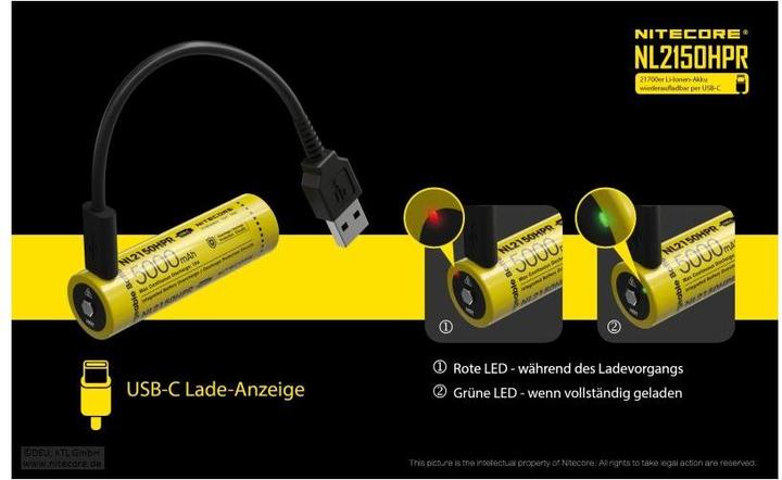Actual product image Nitecore Li-Ion battery 21700, 5000mAh, NL2150HPR USB-C