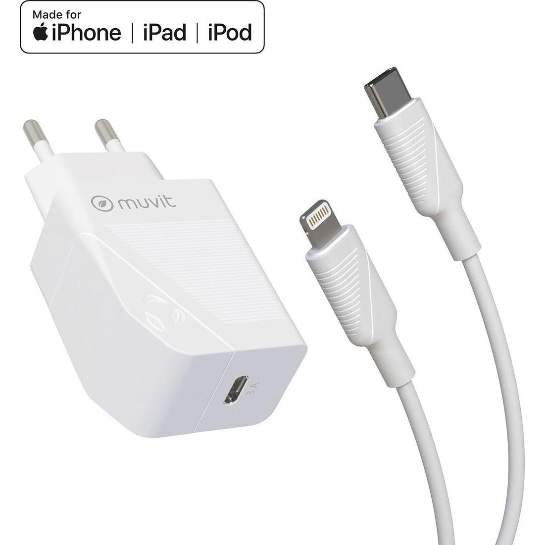 Muvit Per Cambiare La Confezione Chargeur Secteur Pd 20w + Cavo USB C/Lightning (20 W, 1 porzione), Caricatore USB, Bianco