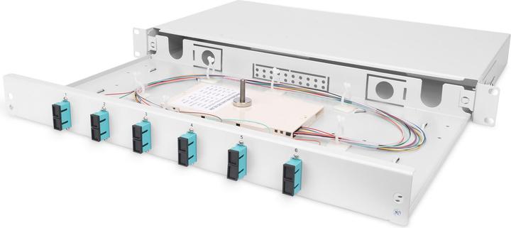 Productafbeelding Digitus Pull-out glasvezel splice box 1U Voorzien van 6x SC duplex incl. M 25 schroef Splice cassette F...