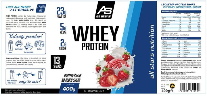 Valori nutrizionali e ingredienti All Stars 100% Proteine del siero di latte (Fragola, 1 pz., 400 g)
