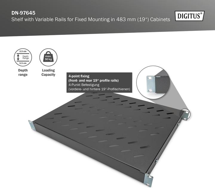 Produktbild Digitus 1HE Fachboden fuer 48,3cm 19Zoll Netzwerkschrank RAL9005 schwarz fuer 600mm tiefe Schraen...