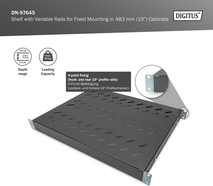 Image du produit Digitus Tablette 1U pour armoire réseau 48,3cm 19 pouces RAL9005 noir pour armoire de 600mm de...