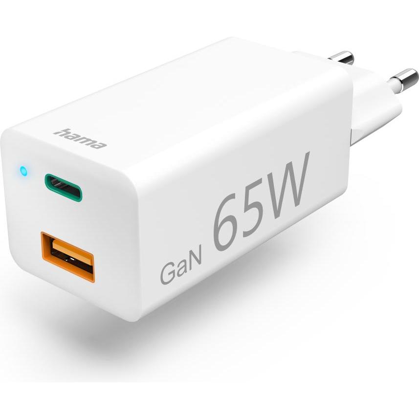 Hama Schnellladegerät, GaN, 1x USB-C PD, 1x USB-A QC, Mini-Ladegerät, 65 W, Weiss (65 W), USB Ladegerät, Weiss