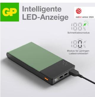 Produktbild GP Batteries GP PowerBank M2+ 10C 10000mAh 2xUSB-C/1xUSB-A grün LED-Anzeige (22.50 W, 37 Wh)