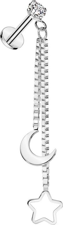 Produktbild Star Piercing Micro Labret Innengewinde silber Kristall silber gefasst Anhänger Kette Mond und Stern (ohne Messing, Chirurgenstahl 316L)