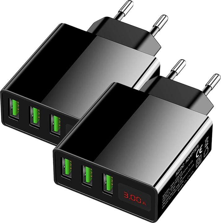 Eaxus 2er-Set Intelligentes 3-Port USB-Netzteil mit LED-Anzeige, schwarz