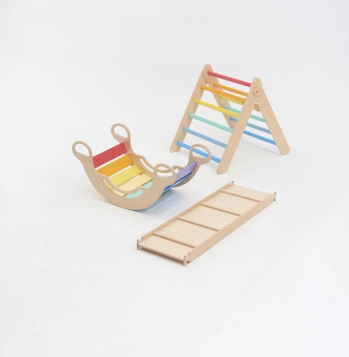 Immagine prodotto Montessori Scala + lavagna bifacciale + altalena in legno - luce colorata ® by busy kids