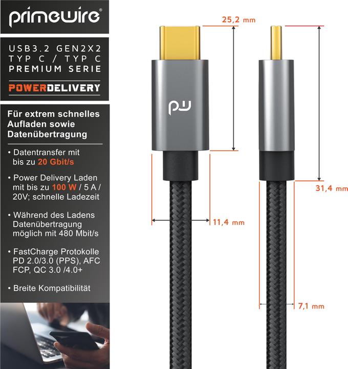 Image du produit Primewire Câble USB C 3.2 Gen 2x2, câble de charge PowerDelivery 100 watts, câble de données 20 Gbit/s, câble (2 m, USB 3.2, 100 W)